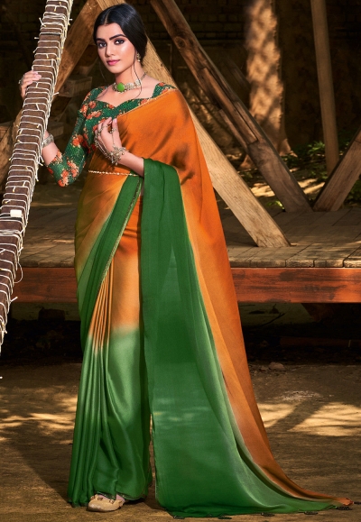Ombre chiffon saree in Orange and Green color